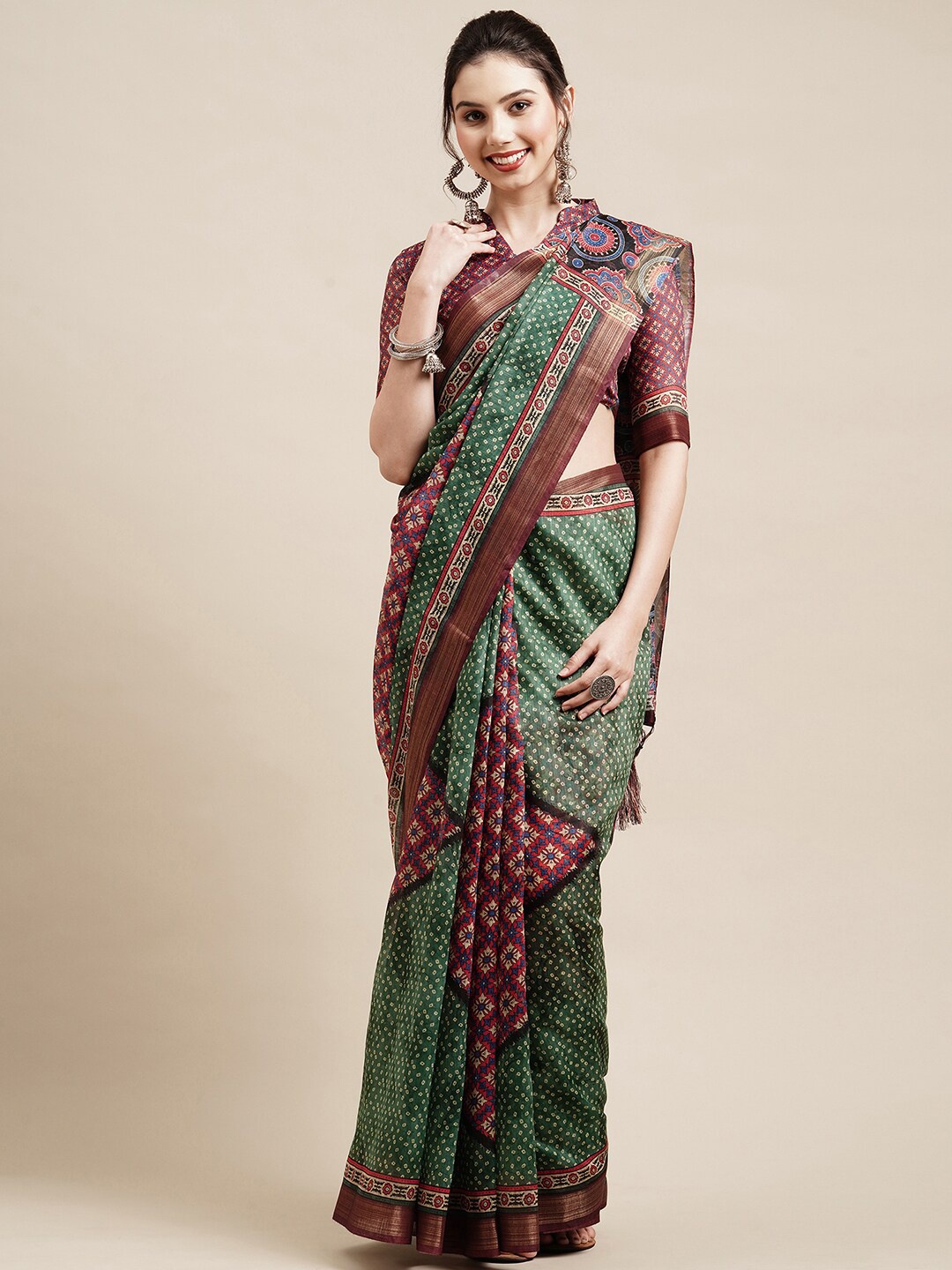 

Saree mall Green & Brown Bandhani Zari Linen Blend Bandhani Sarees