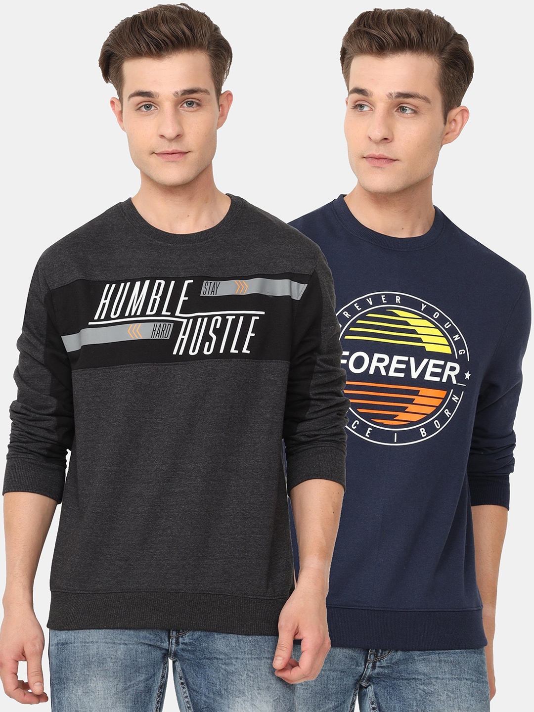 

ARDEUR Men Pack Of 2 Navy Blue & Grey Printed Pure Cotton Sweatshirt
