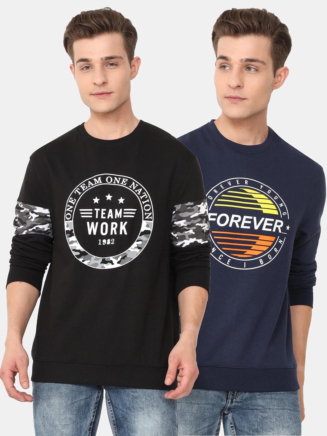

ARDEUR Men Black & Navy Blue Set Of 2 Printed Sweatshirts