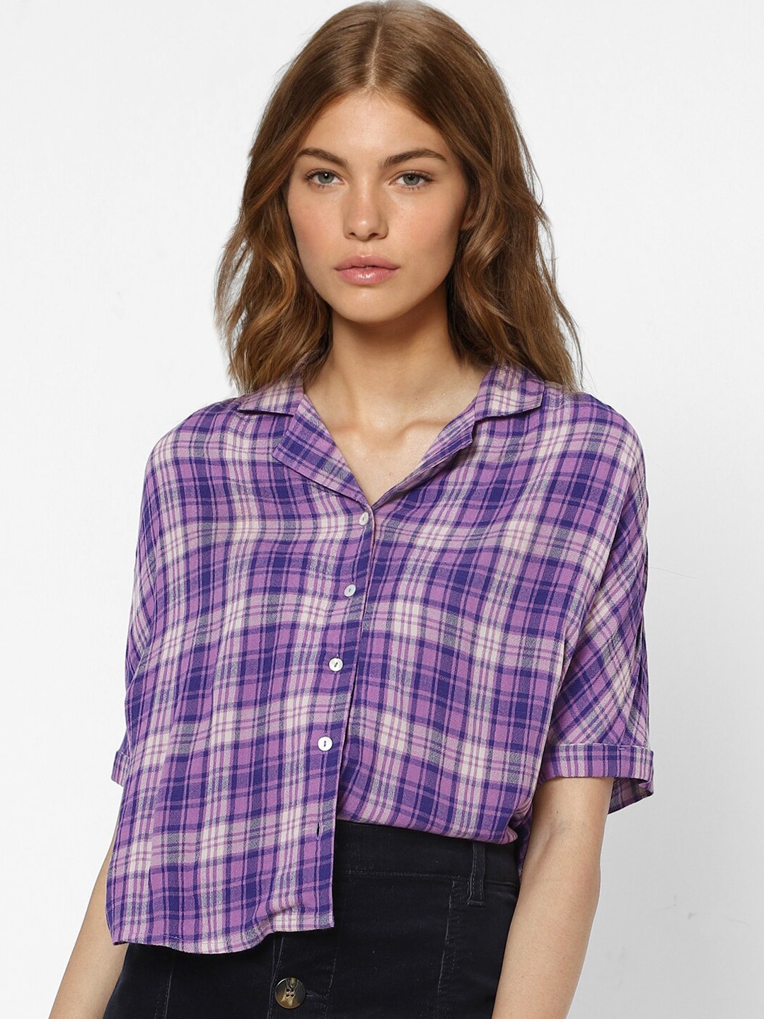 

ONLY Women Purple Tartan Checks Opaque Checked Casual Shirt