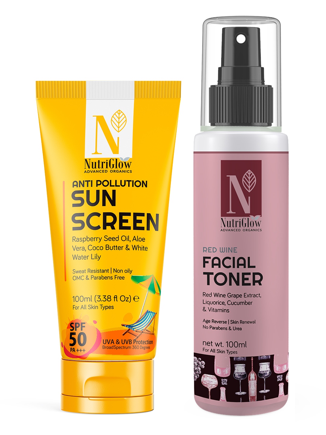 

Nutriglow Advanced Organics Red Wine Facial Toner 100ml & Anti Pollution Sun Screen SPF 50, Multi
