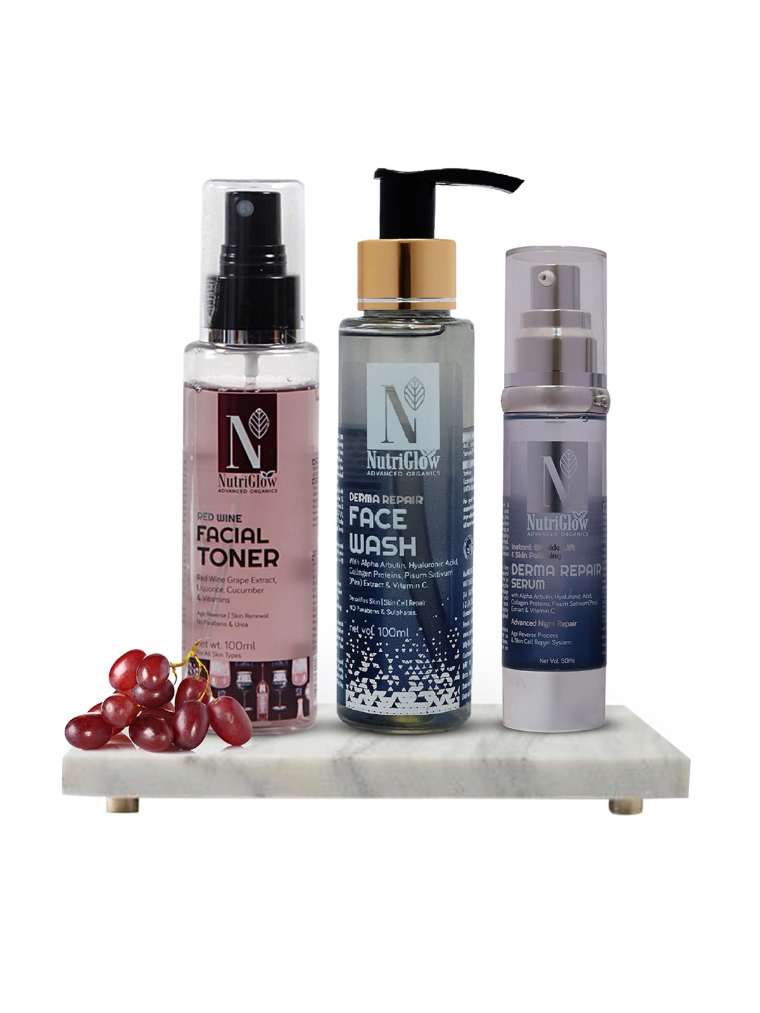 

NutriGlow Advanced Organics Set of 3 Red Wine Face Wash - Derma Face Serum & Toner, Multi