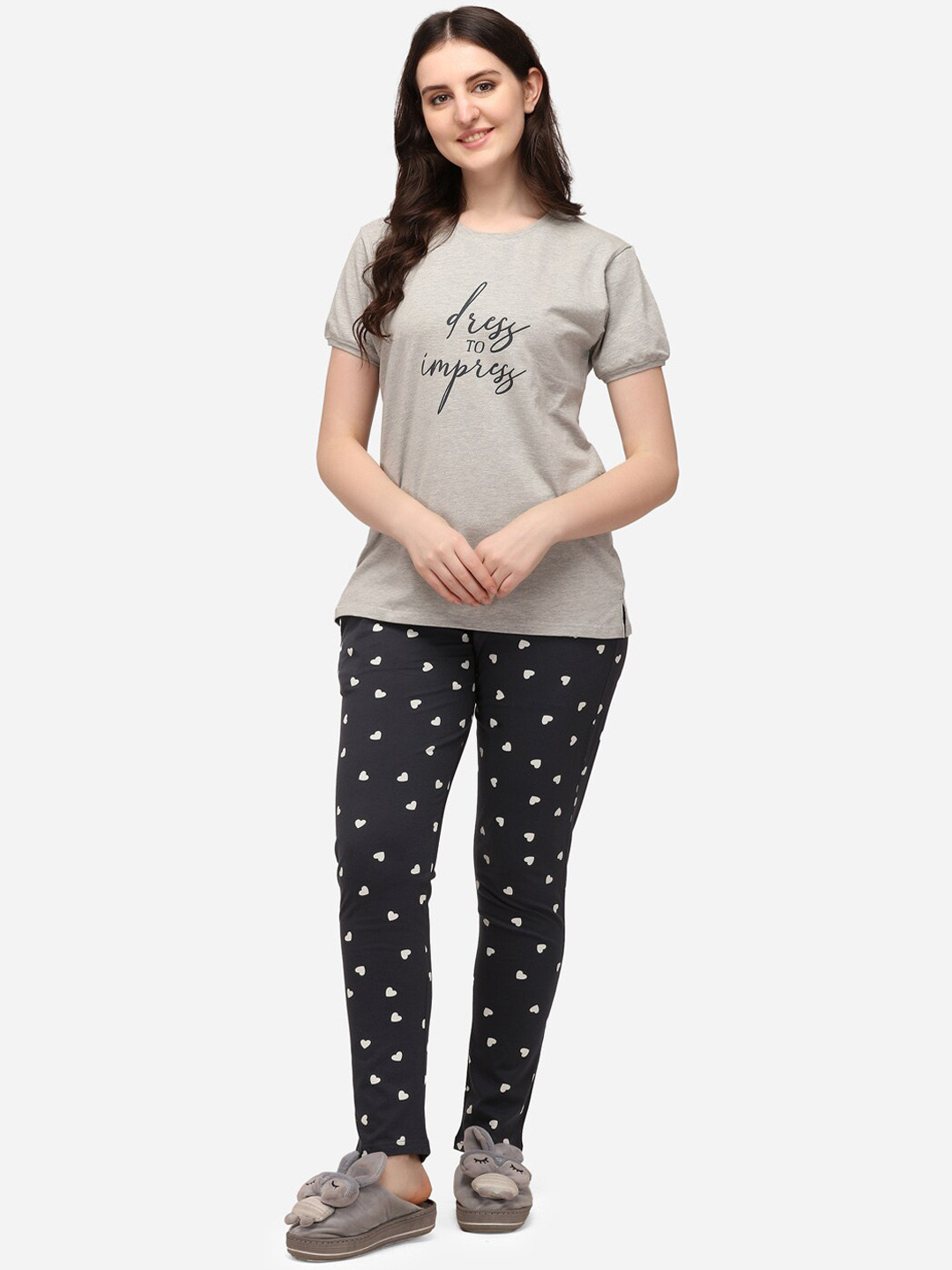 

Lenissa Women Grey Melange & Black Printed Night suit