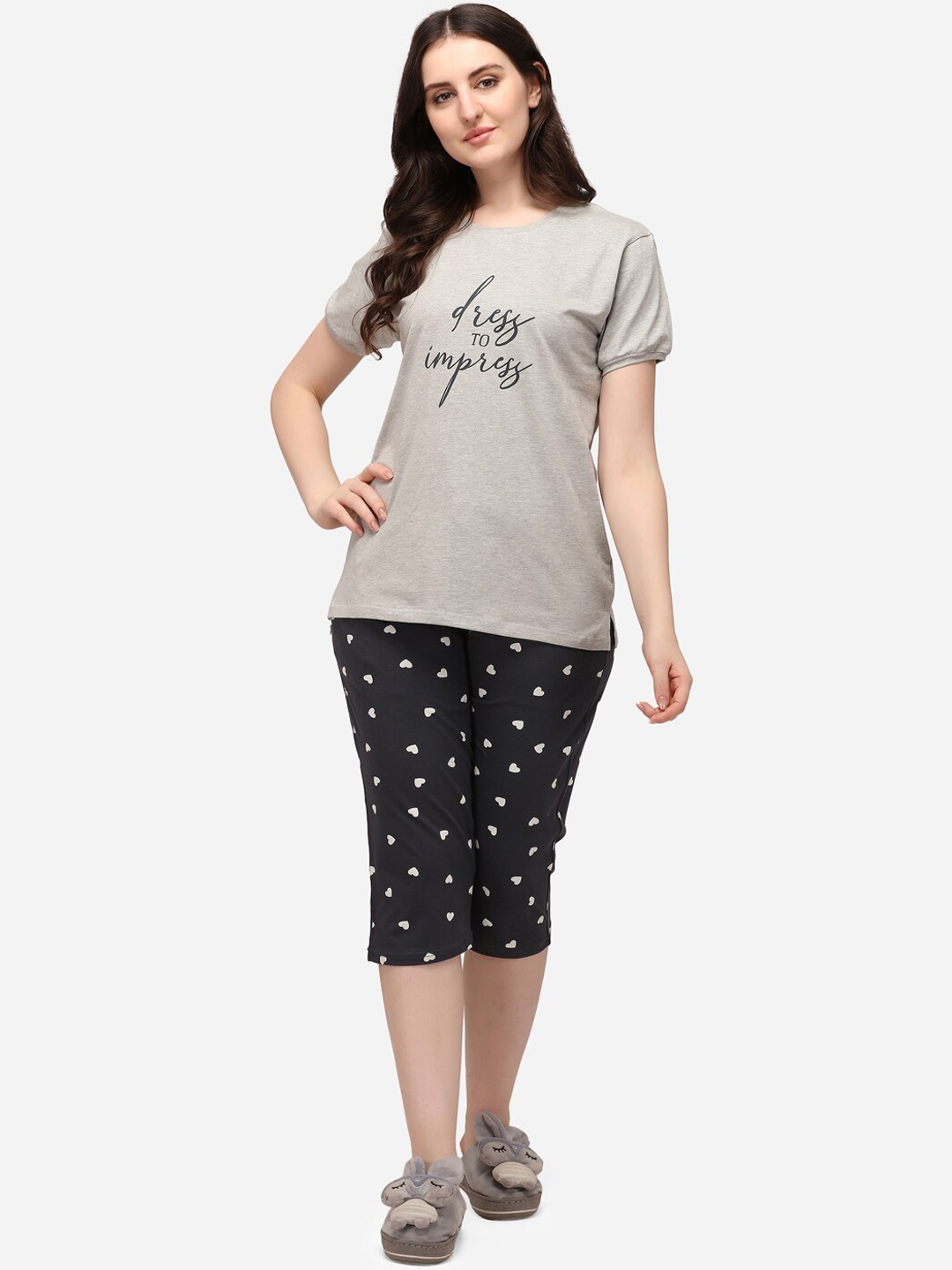 

Lenissa Women Grey Melange & Black Printed Night suit