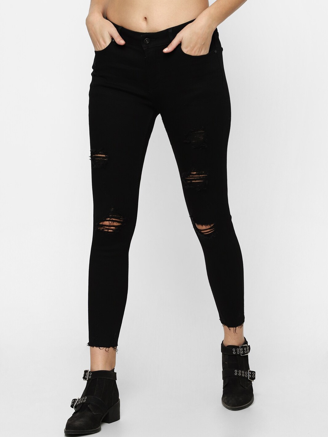 

ONLY Women Black Skinny Fit High-Rise Highly Distressed Jeans