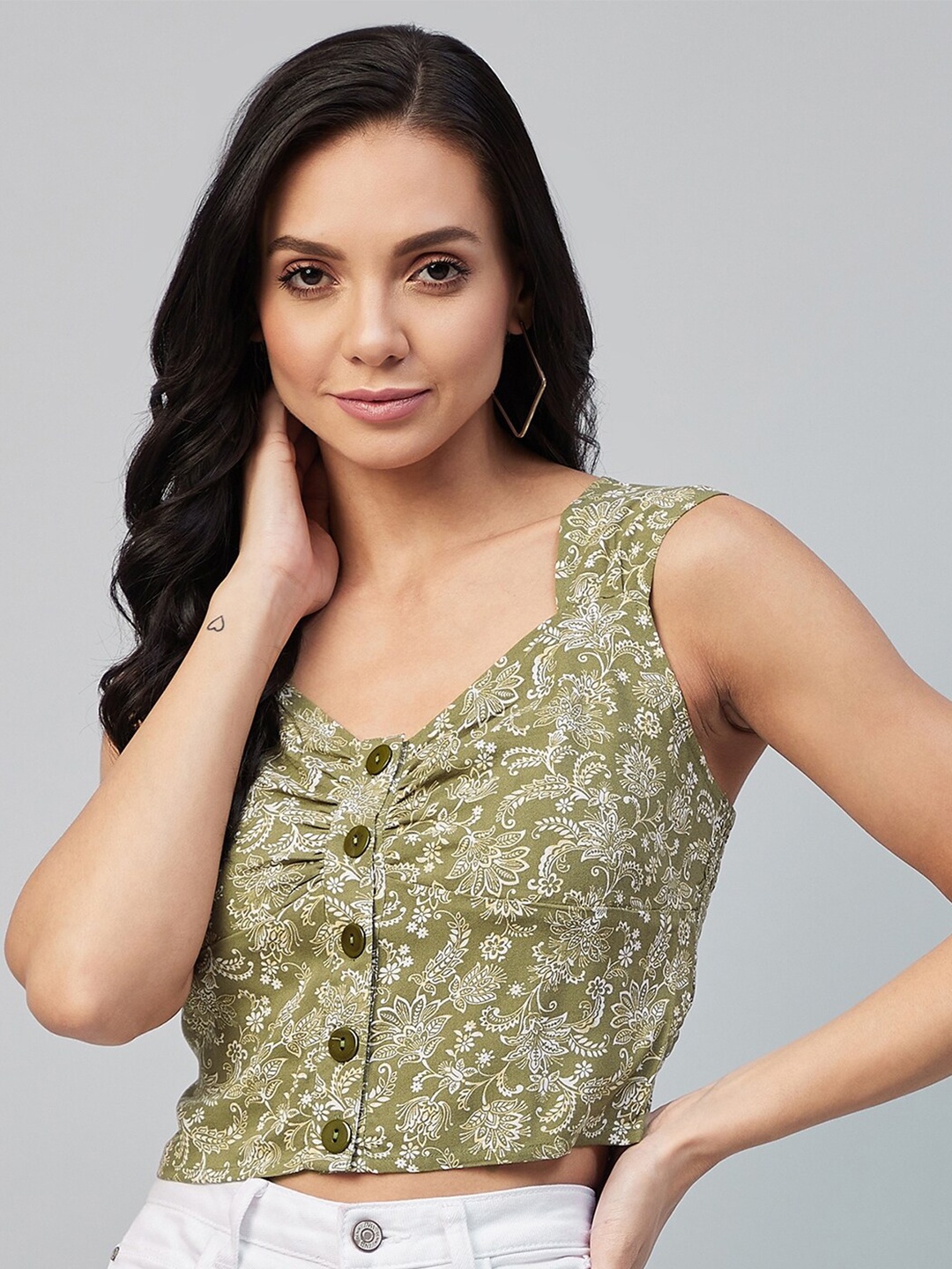 

RARE Olive Green Floral Smocked Regular Crop Top