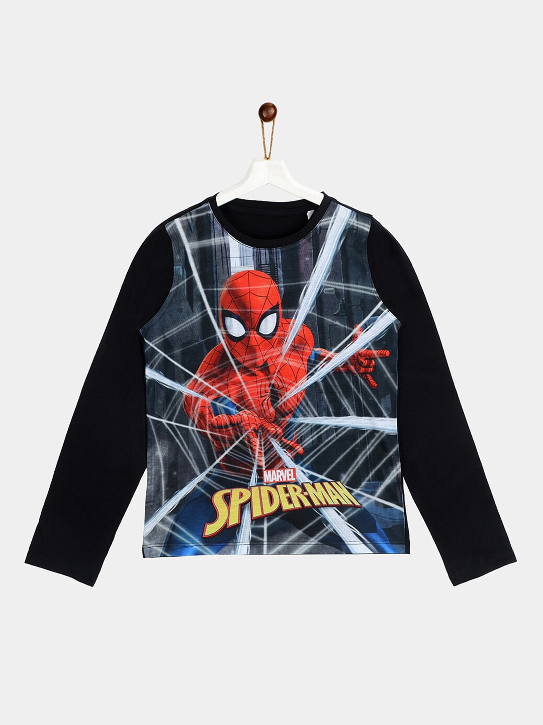 

YK Marvel Boys Black Printed Applique T-shirt