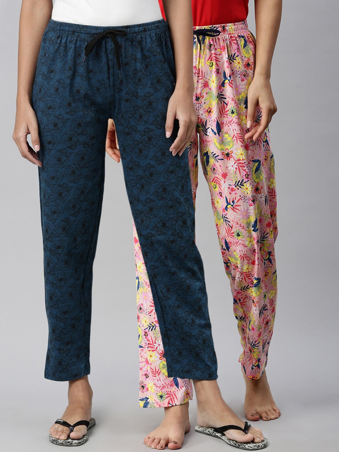 

Kryptic Women Pack Of 2 Printed Pure Cotton Relaxed Fit Lounge Pants, Teal