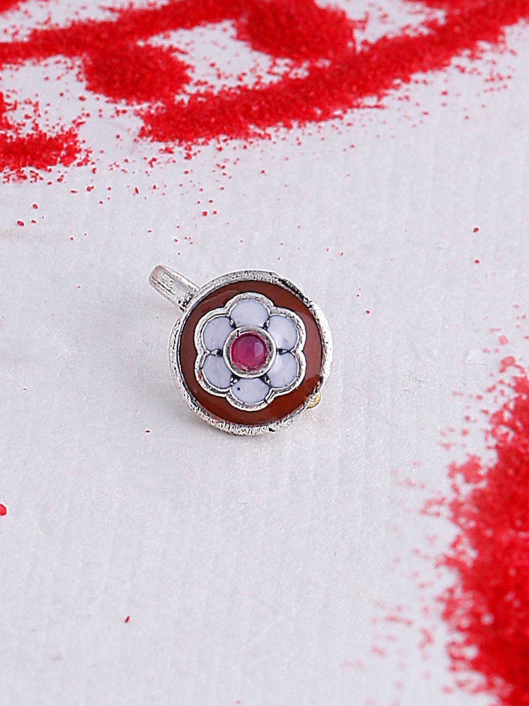 

TEEJH Oxidised Silver-Toned Pink Stone Studded Motif Nosepin