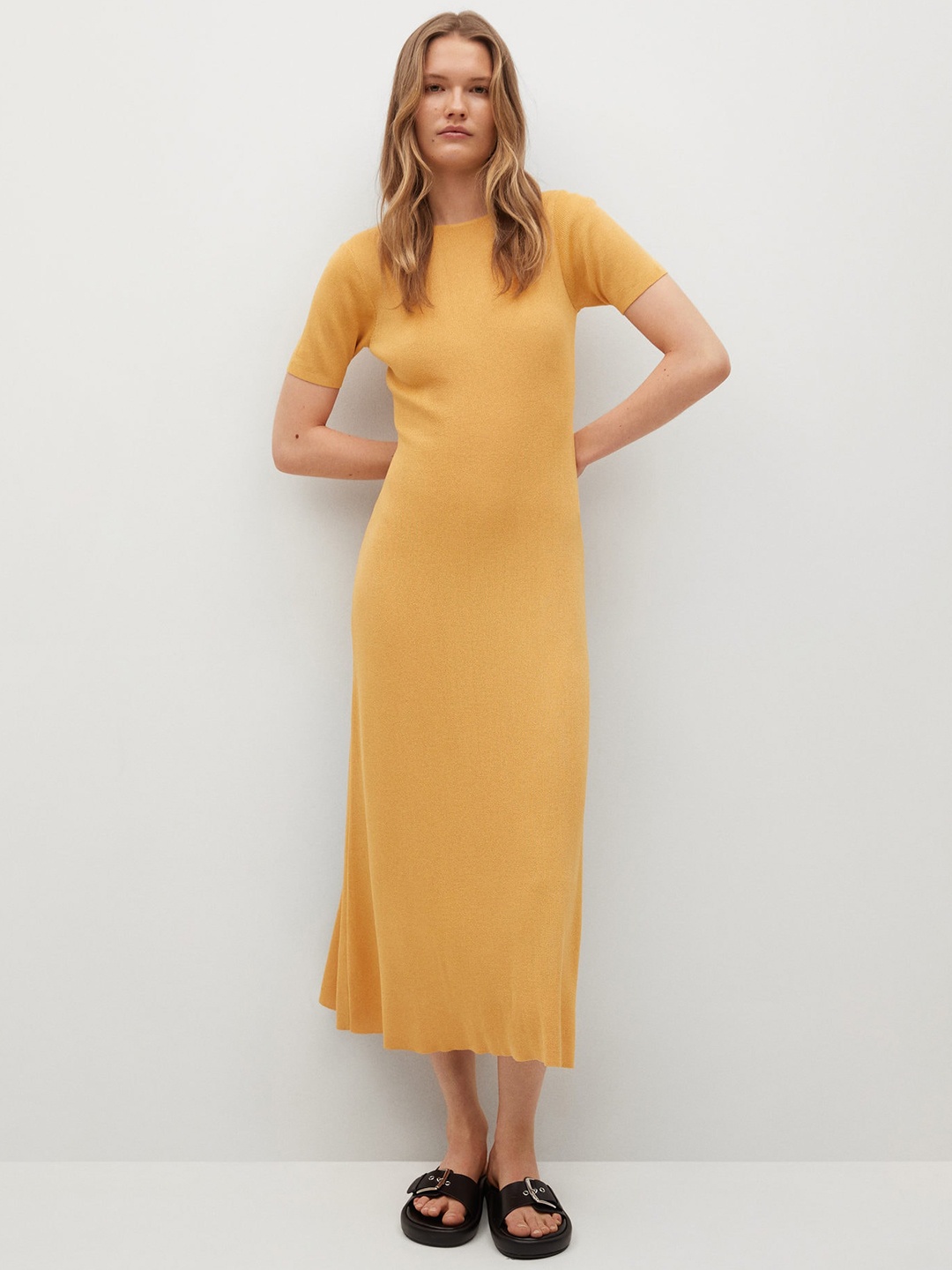 

MANGO Mustard Yellow Ribbed Styled Back A-Line Midi Dress