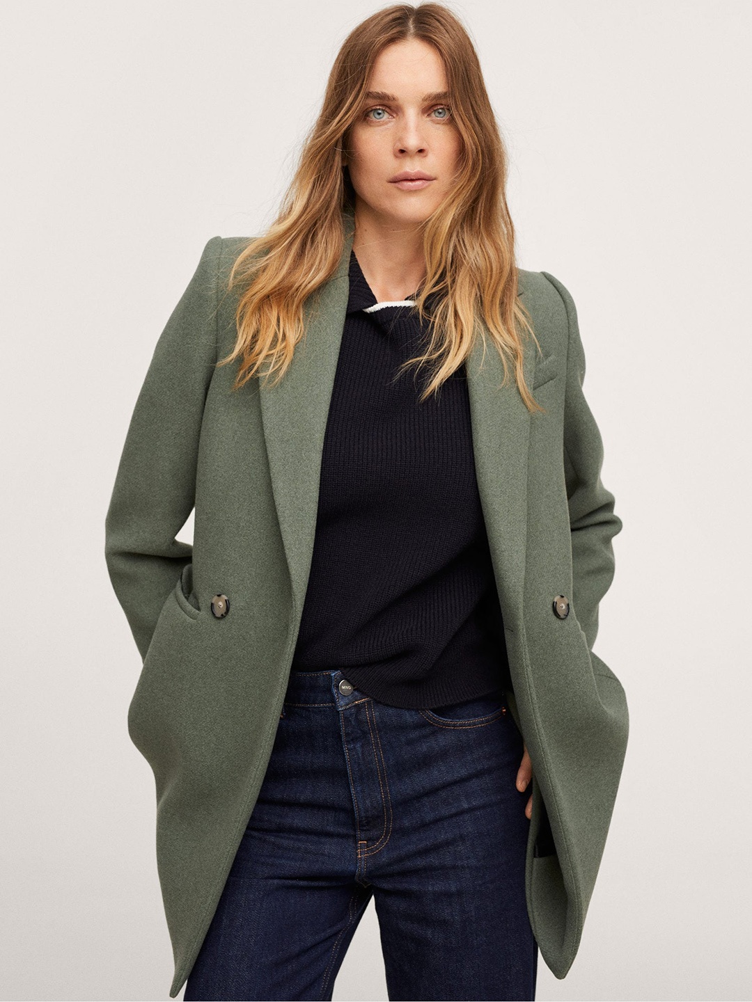 

MANGO Women Green Solid Regular Fit Over Coat