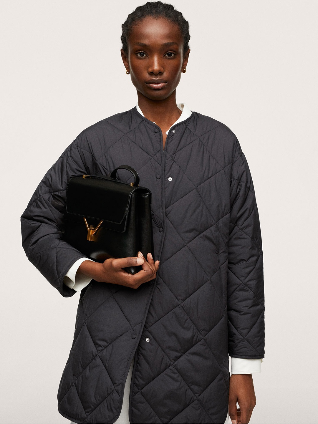 

MANGO Women Black Solid Longline Quilted Jacket