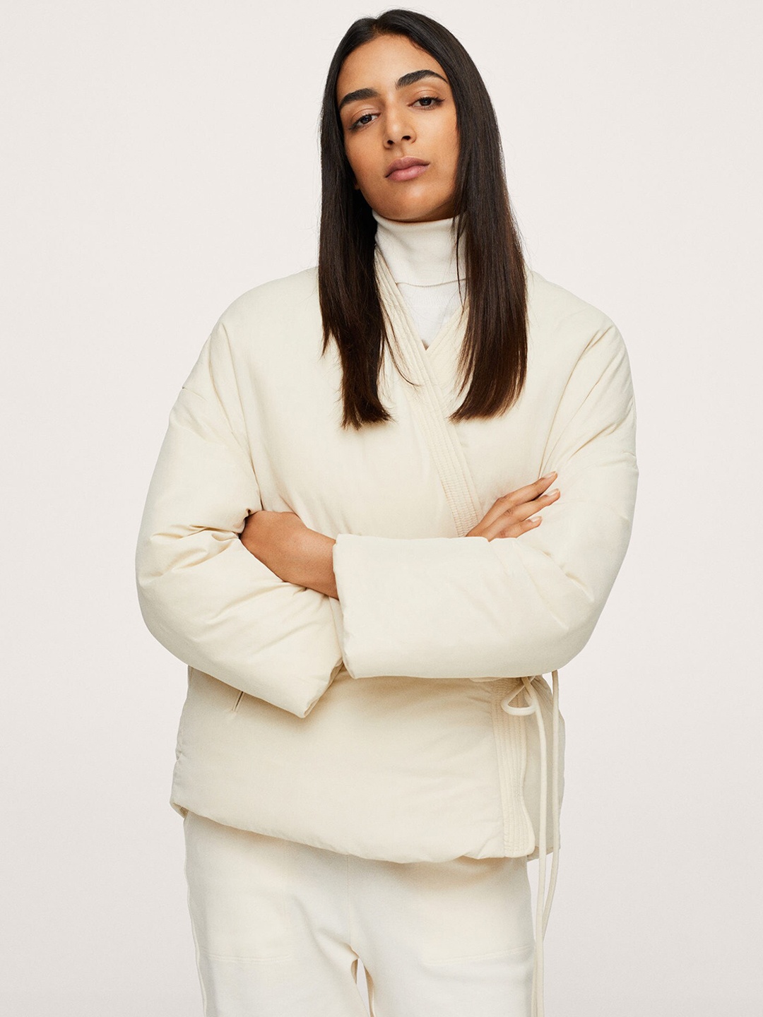 

MANGO Women Off White Solid Wrap Puffer Jacket