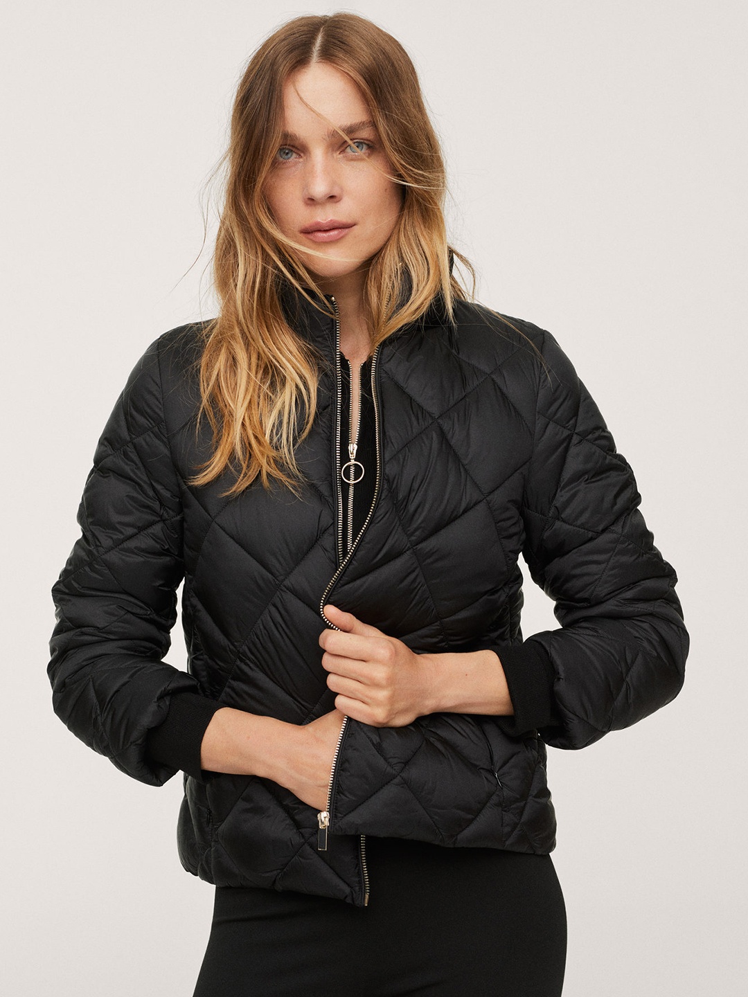 

MANGO Women Black Solid Quilted Jacket