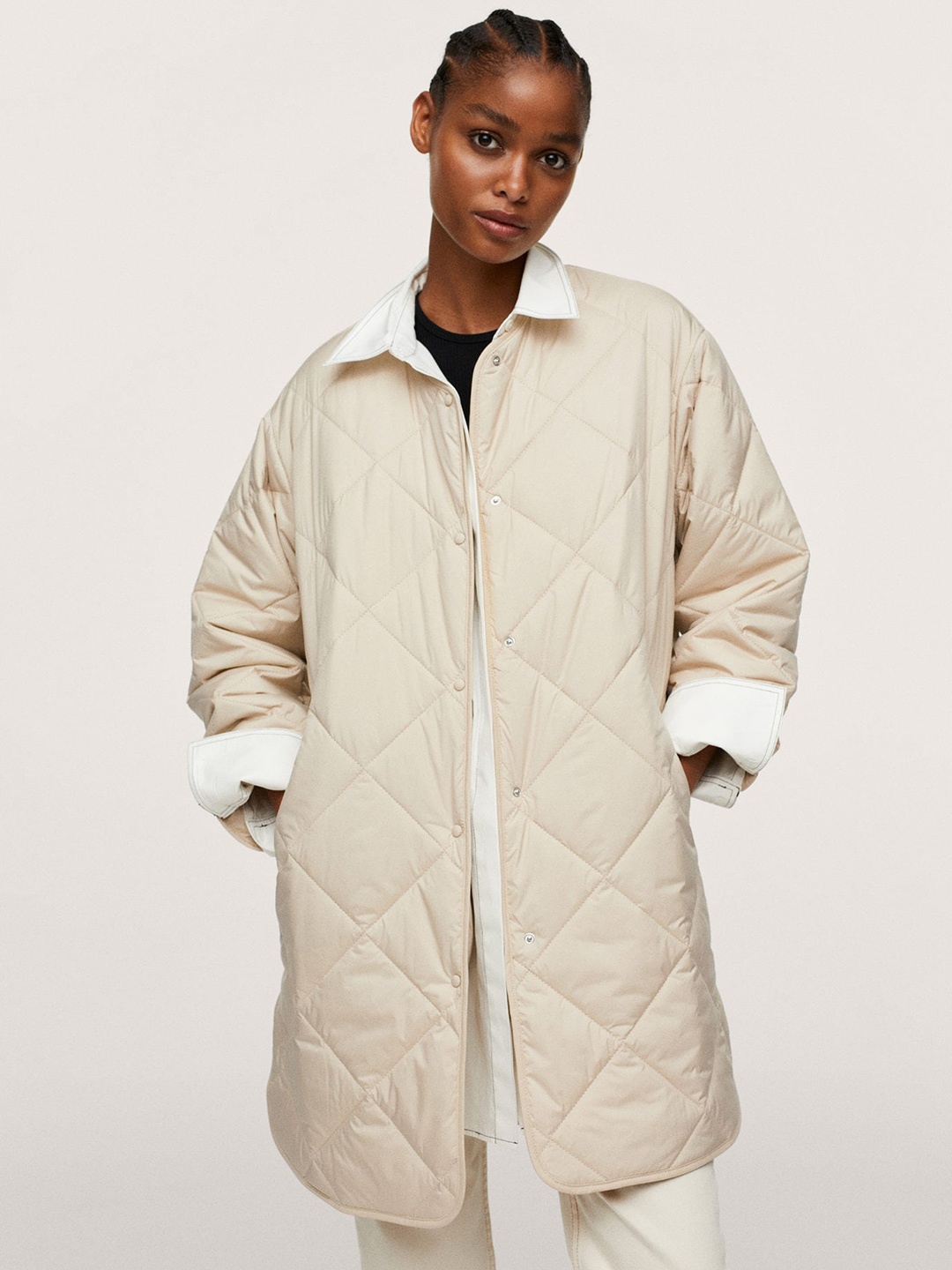 

MANGO Women Beige Solid Longline Quilted Jacket