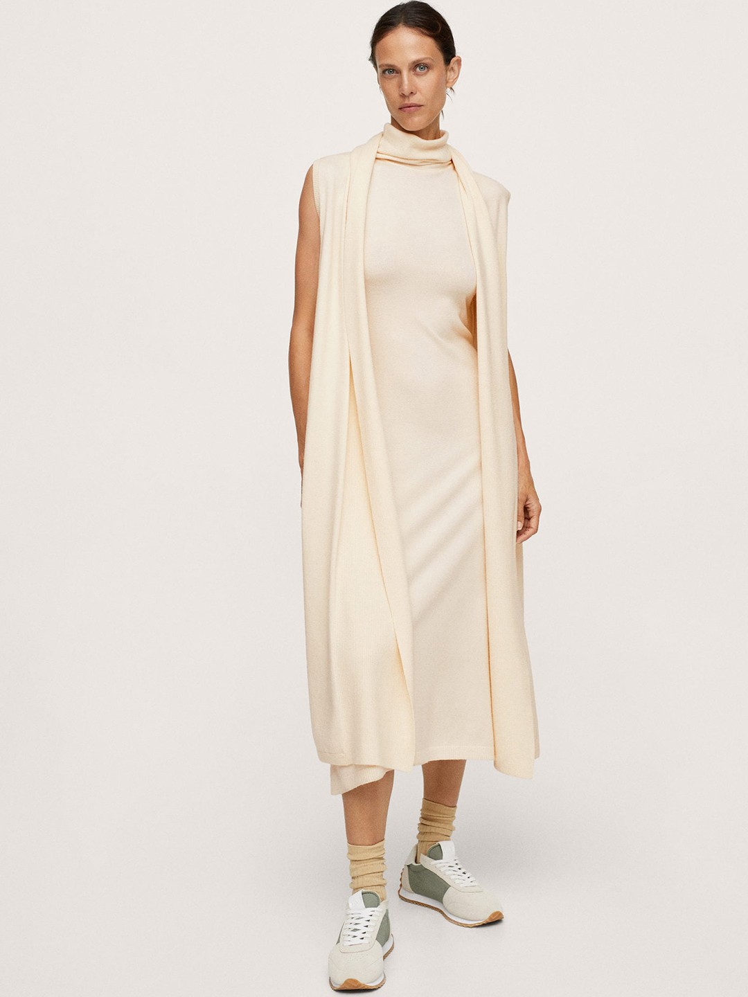 

MANGO Women Cream-Coloured Solid Front Open Longline Over Coat