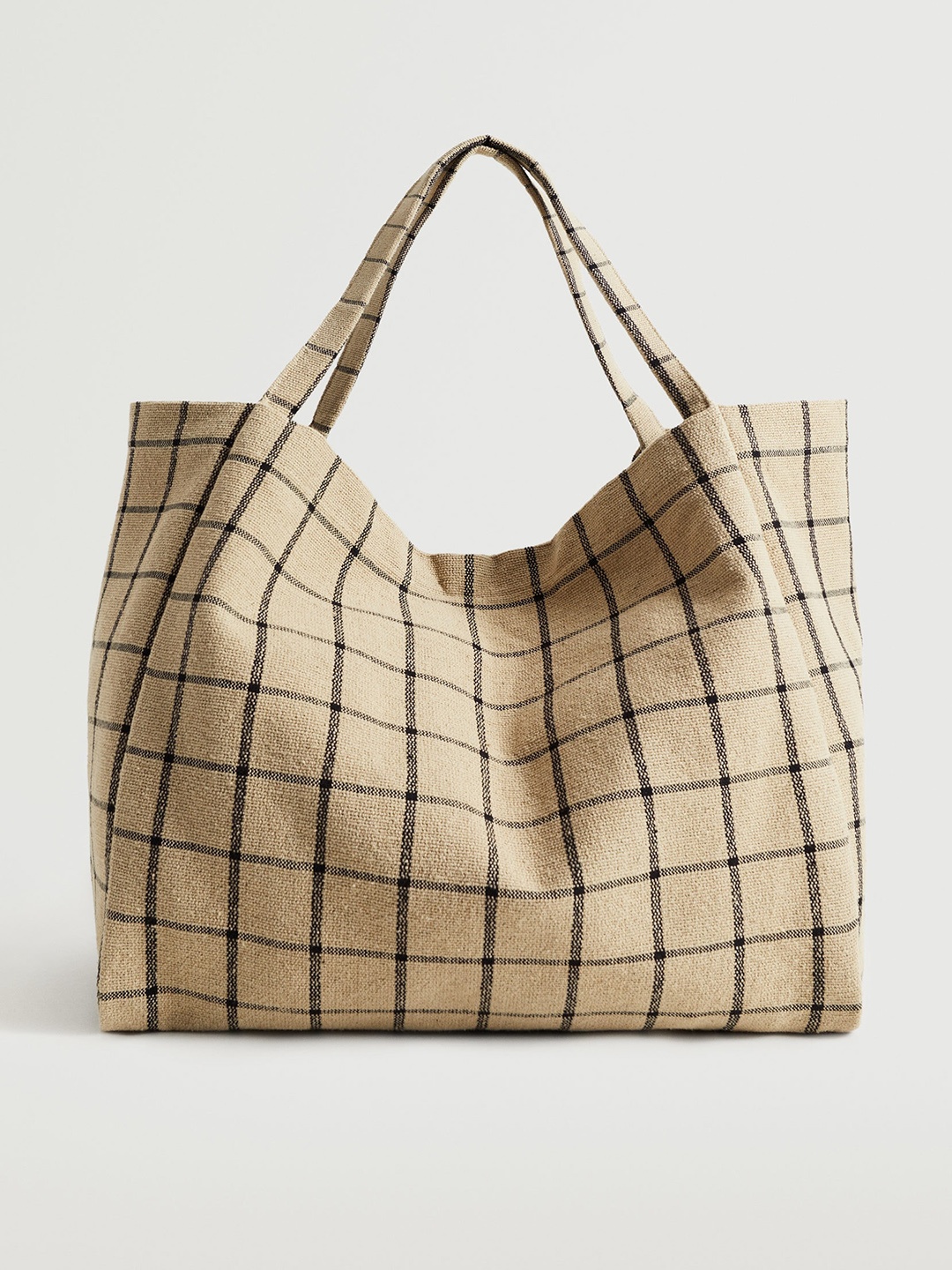 

MANGO Women Beige & Black Checked Structured Tote Bag