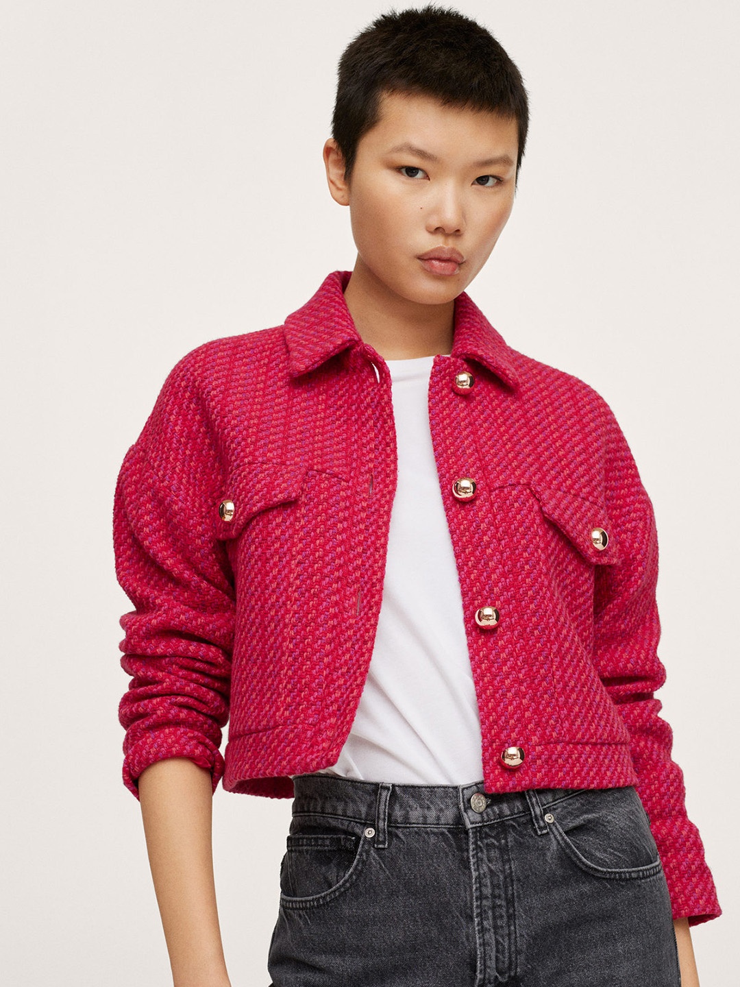 

MANGO Women Pink & Purple Crop Tailored Jacket