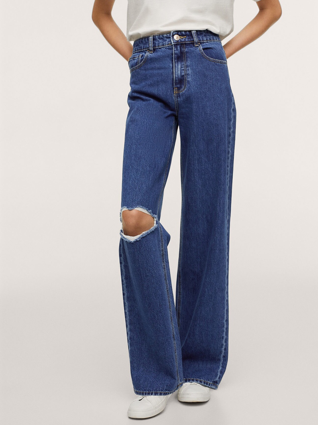 

Mango Kids Girls Blue Pure Cotton Wide Leg High-Rise Slash Knee Jeans