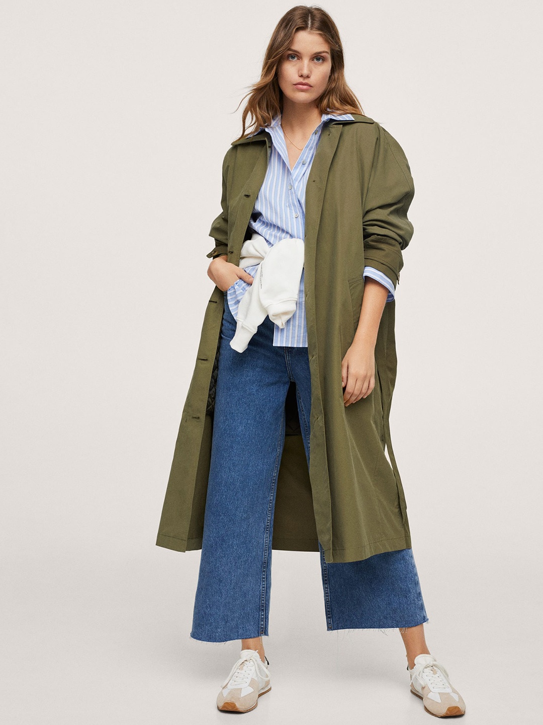 

MANGO Women Olive Green Solid Front Open Long Line Trench Coat With Belt
