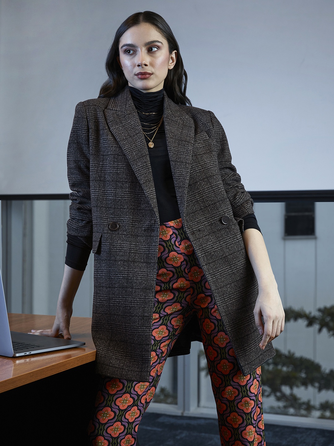 

MANGO Women Black Checked Single Breasted Over Coat