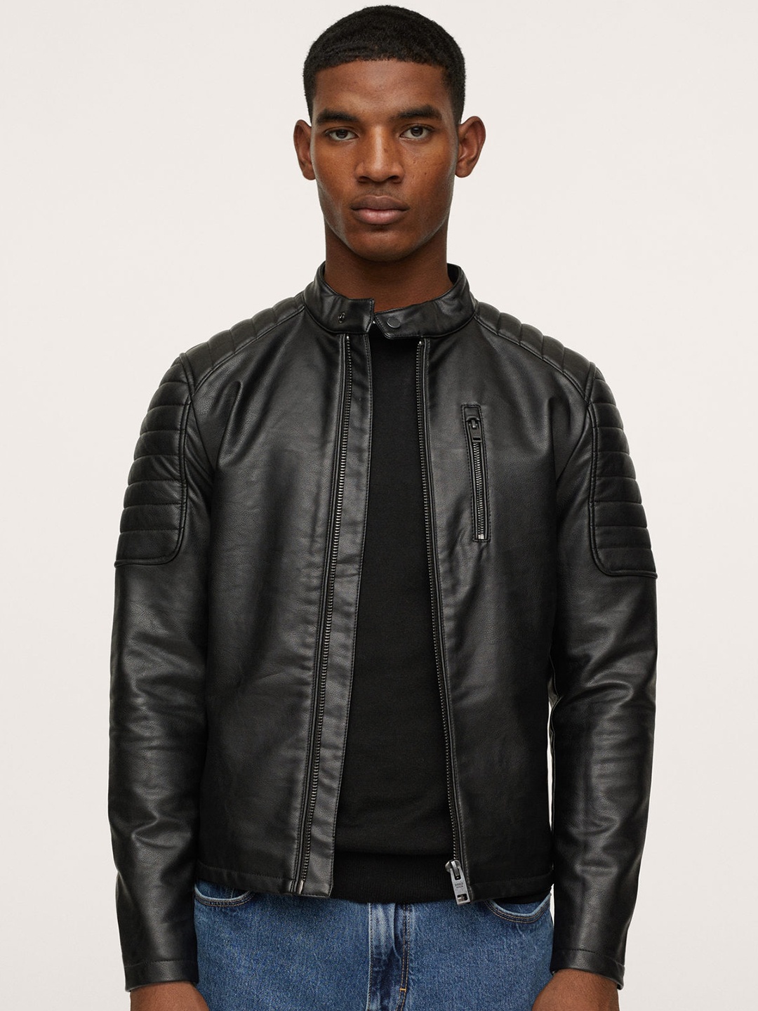 

MANGO MAN Men Black Solid Faux-Leather Biker Jacket with Zip Detail