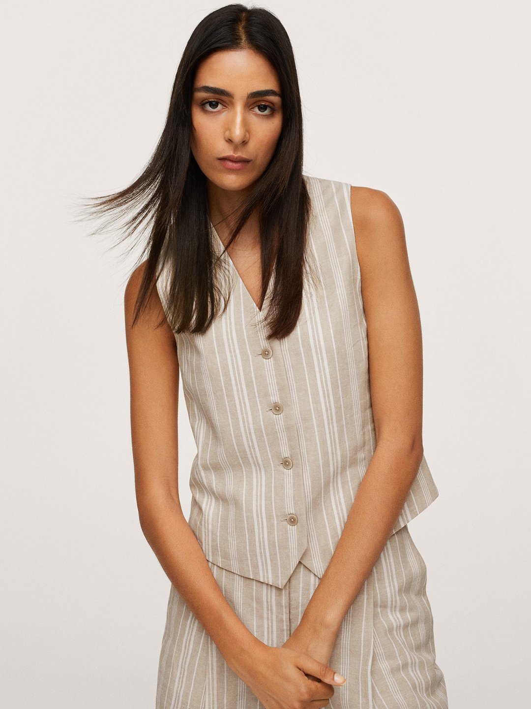 

MANGO Women Beige & White Striped Waistcoat