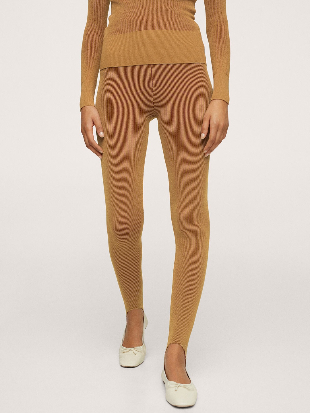 

MANGO Women Brown Ribbed Leggings with Foot Strap Detail