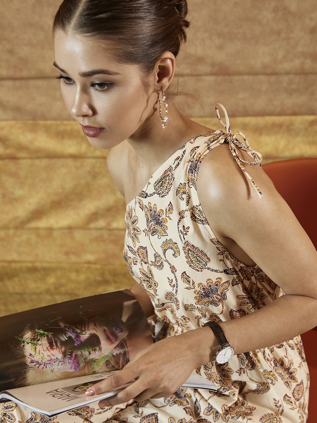

MANGO Cream-Coloured & Brown Pure Cotton Ethnic Print One-Shoulder Jumpsuit