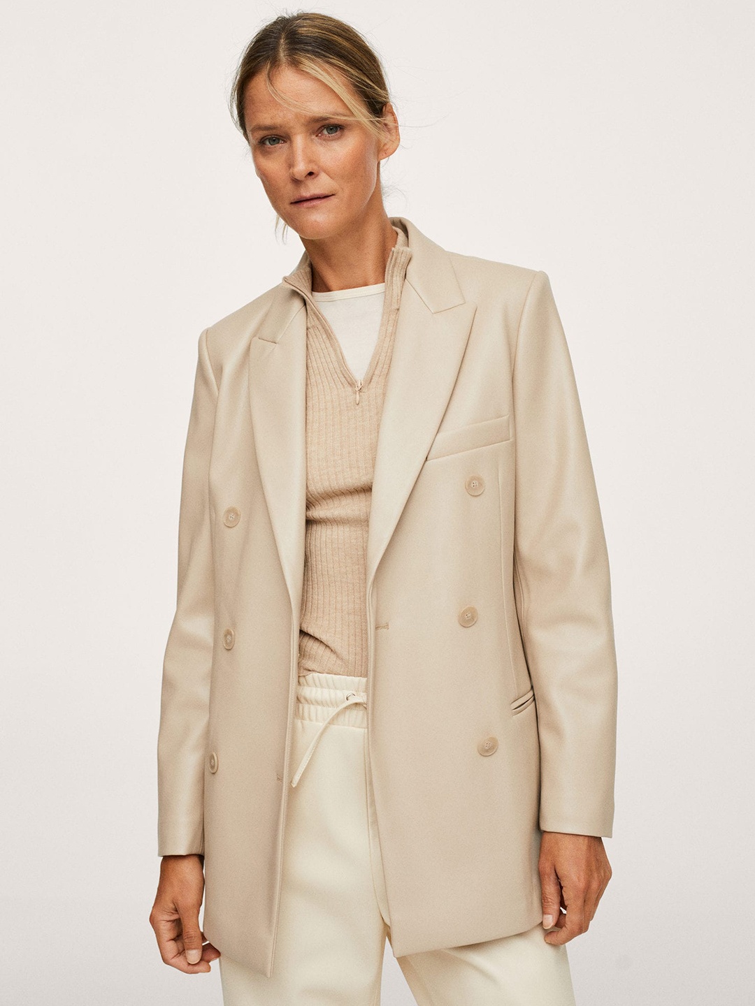 

MANGO Women Beige Solid Longline Tailored Jacket