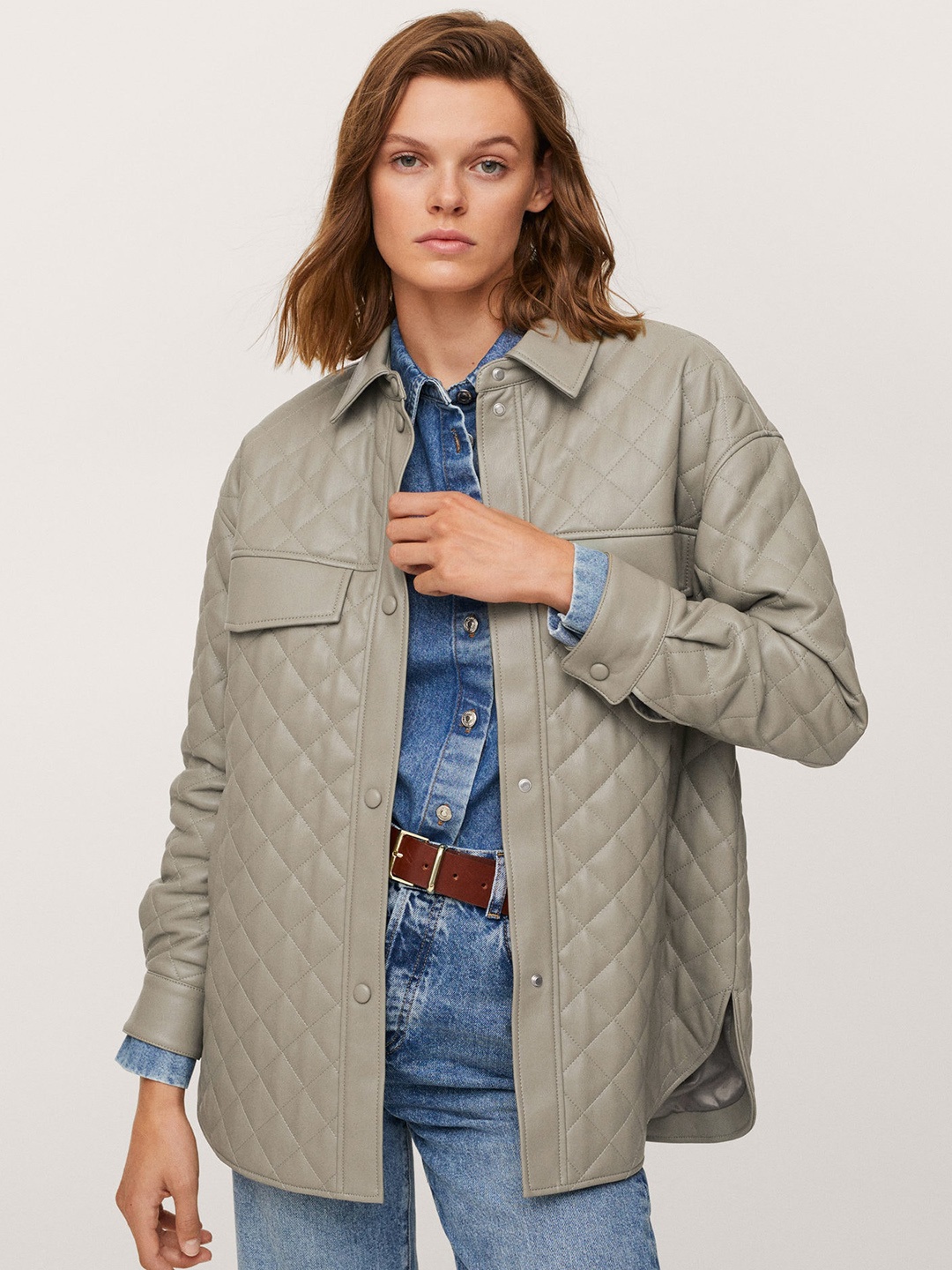 

MANGO Women Green Solid Quilted Jacket