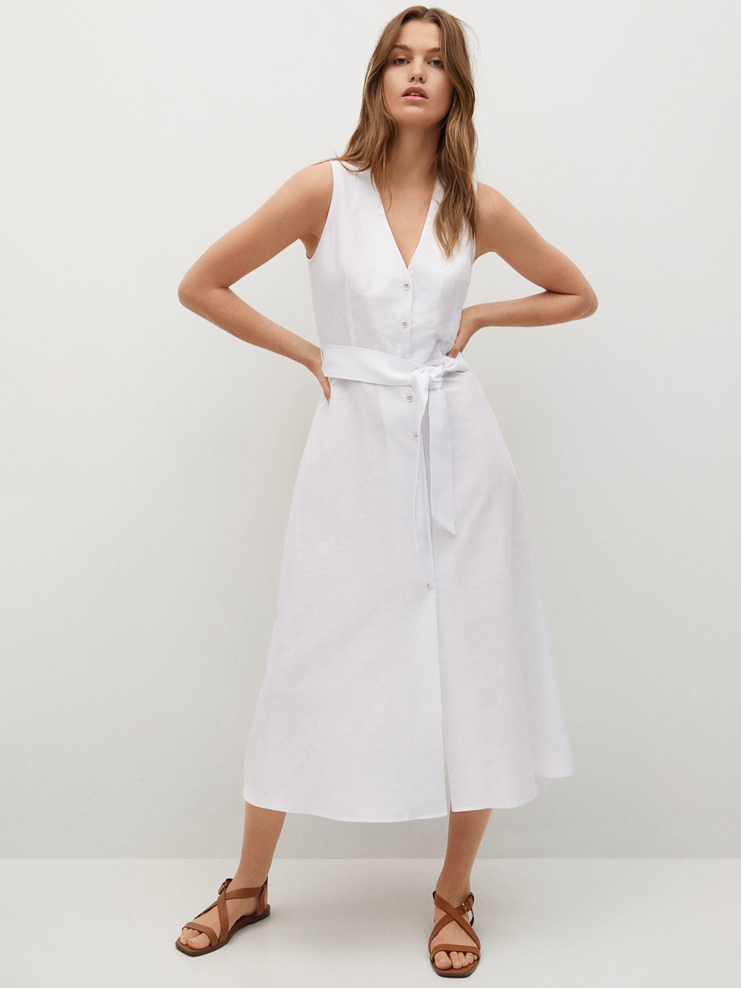 

MANGO White Solid A-Line Midi Dress