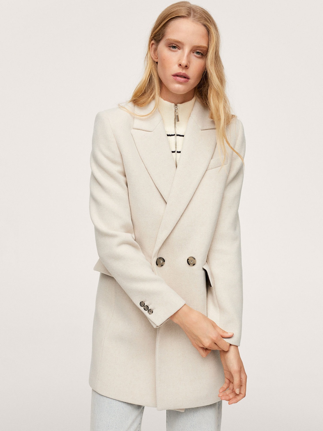 

MANGO Women Beige Solid Regular Fit Longline Over Coat
