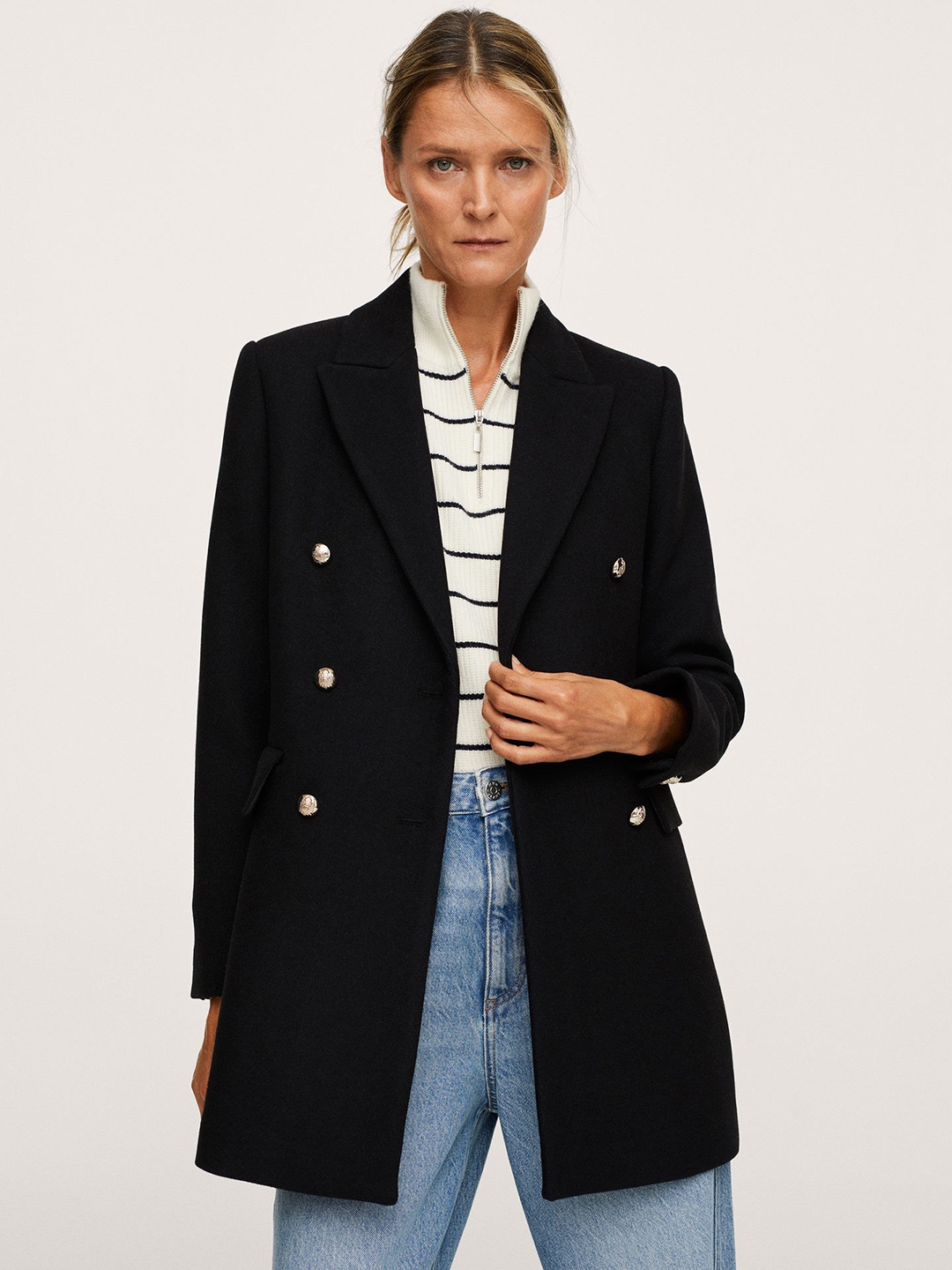 

MANGO Women Black Solid Open Front OverCoat
