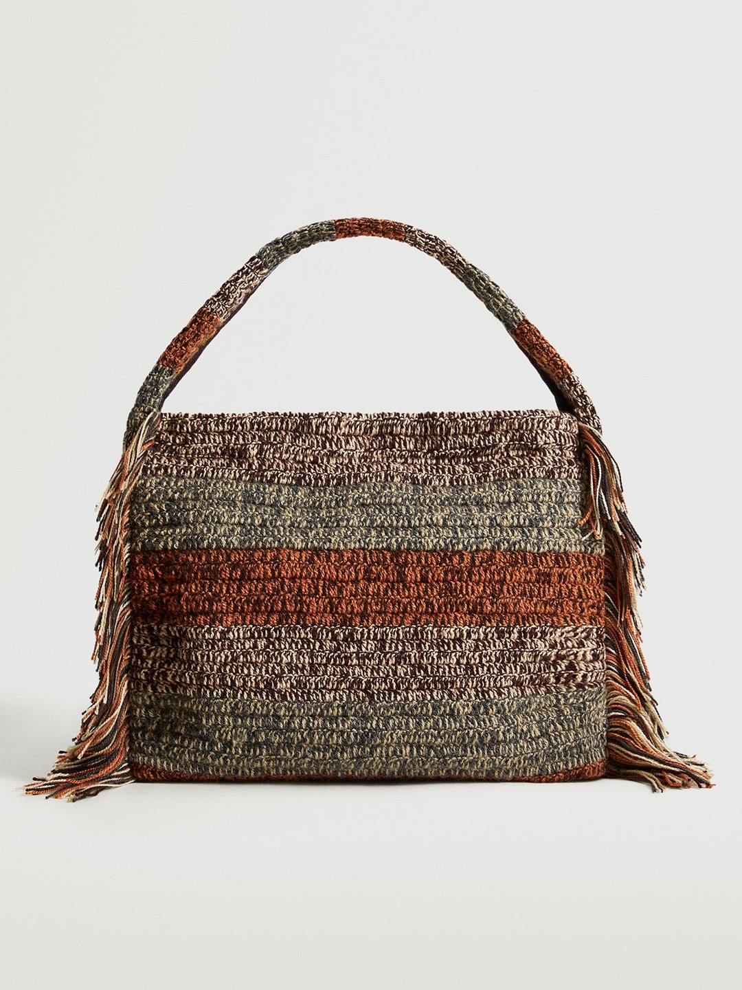 

MANGO Brown & Orange Striped Fringed Oversized Tote Bag
