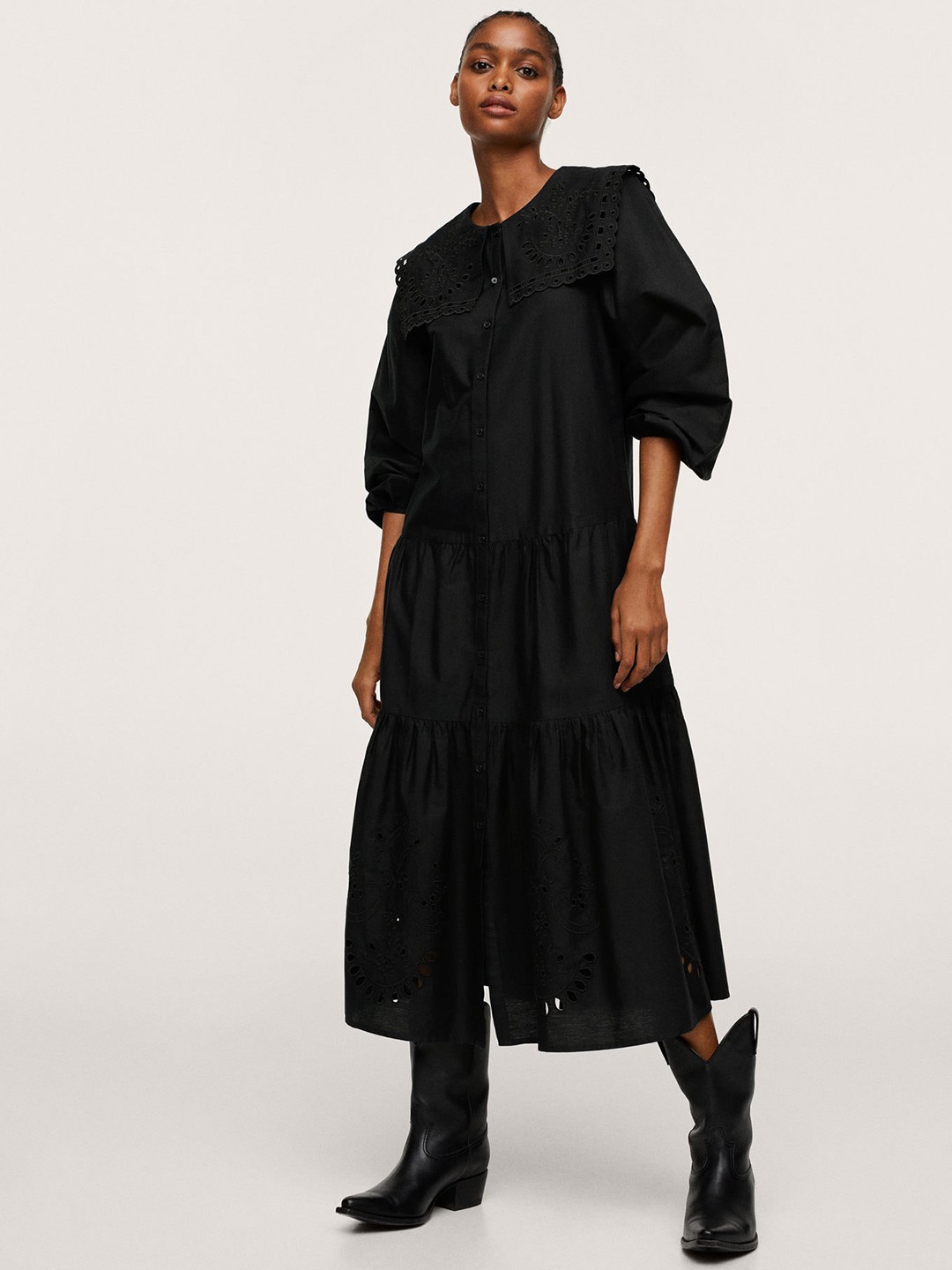 

MANGO Black Solid Pure Cotton A-Line Midi Dress