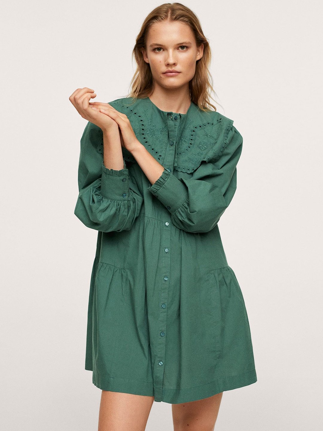 

MANGO Green Cotton Schiffli Embroidered Shirt Dress