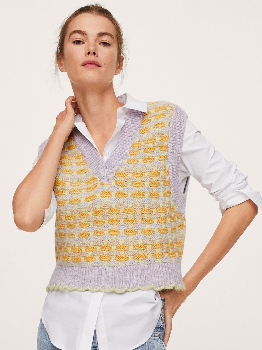 

MANGO Women Mustard Yellow & Purple Self Design Sweater Vest