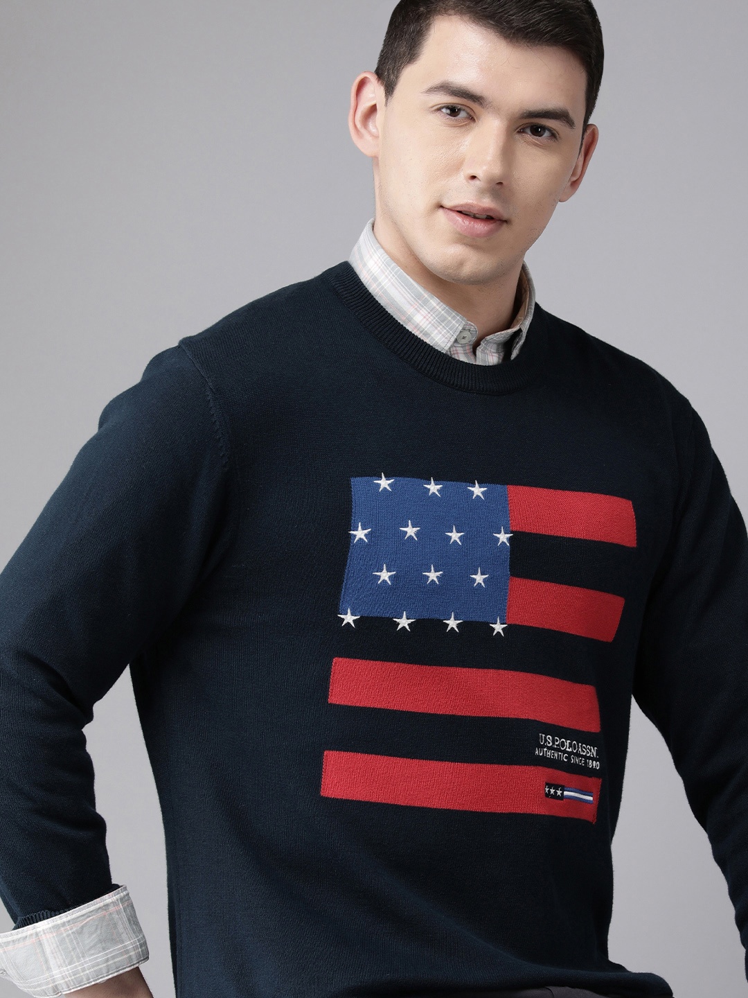 

U S Polo Assn Men Navy Blue Printed Pure Cotton Pullover Sweater