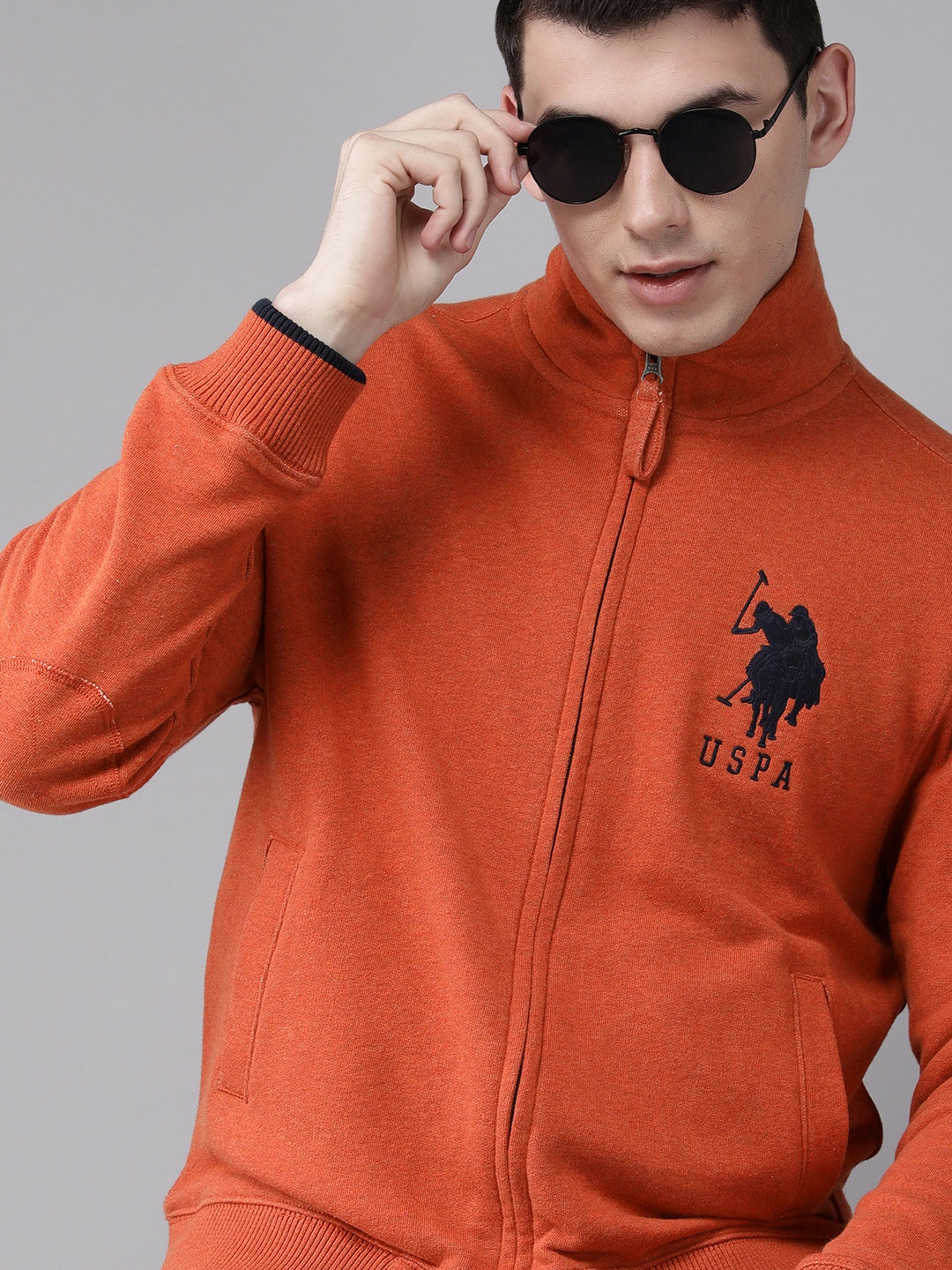 

U S Polo Assn Men Rust Orange Pure Cotton Front-Open Sweatshirt