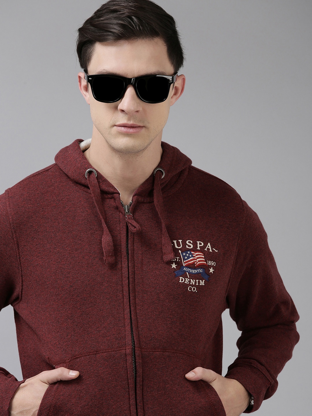 

U S Polo Assn Denim Co Men Maroon Solid Hooded Pure Cotton Sweatshirt