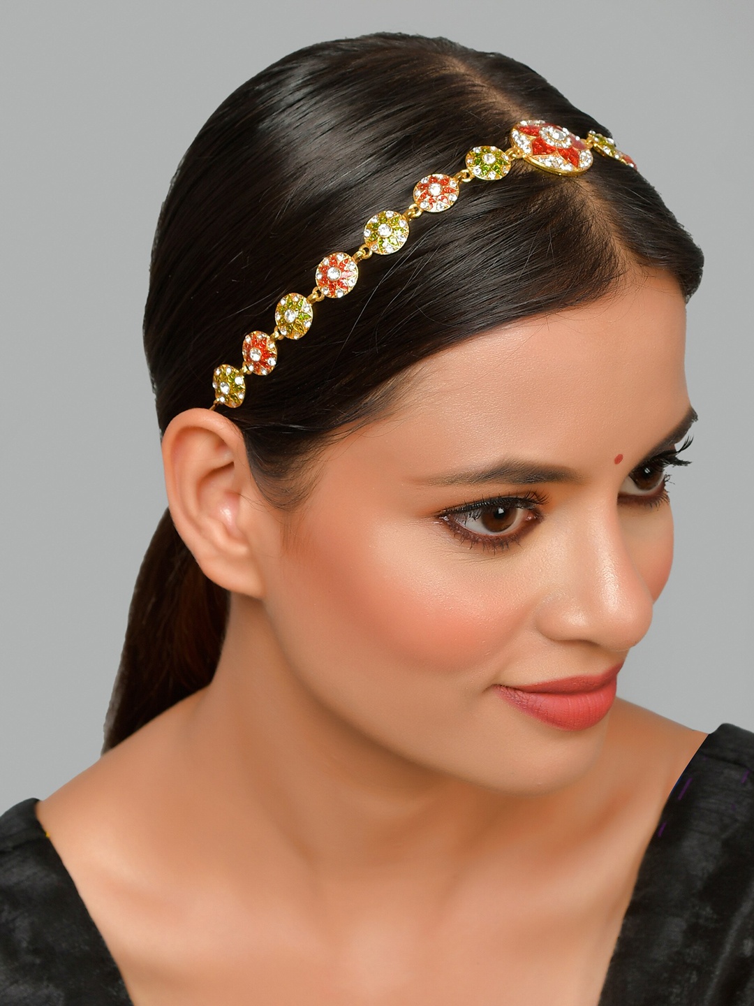 

Silvermerc Designs Gold Plated Red & Green Stone Studded Head Chain