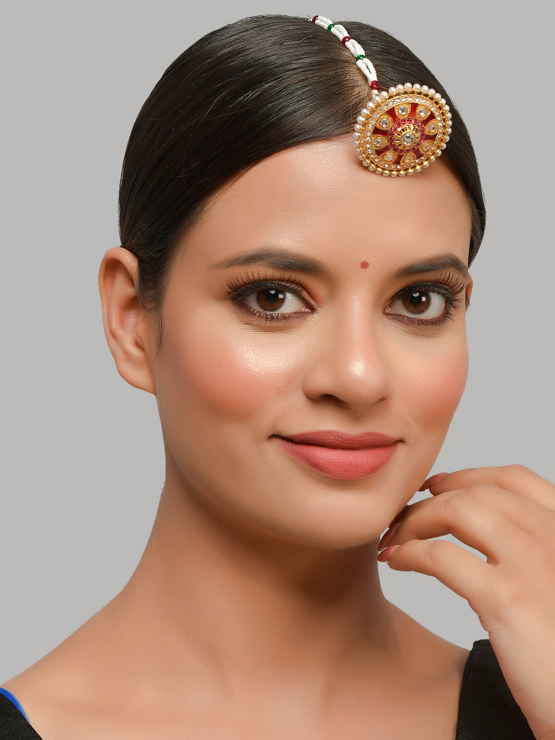 

Silvermerc Designs Gold-Plated White & Red Stone Studded & Beaded Enameled Borla Maang Tikka