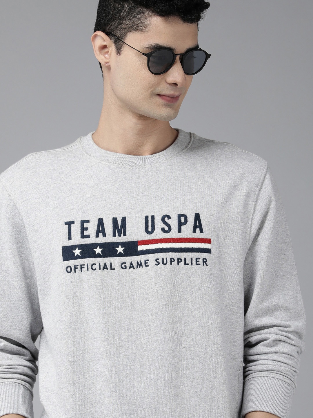 

U S Polo Assn Men Grey Melange Brand Logo Printed Sweatshirt