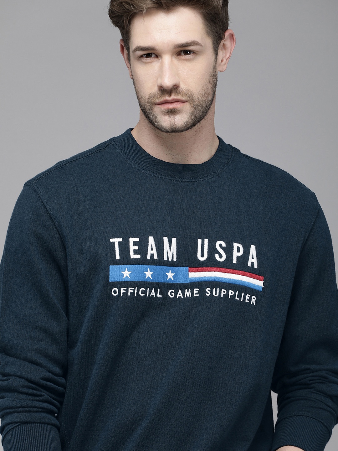 

U S Polo Assn Men Navy Blue Brand Logo Embroidered Pure Cotton Sweatshirt