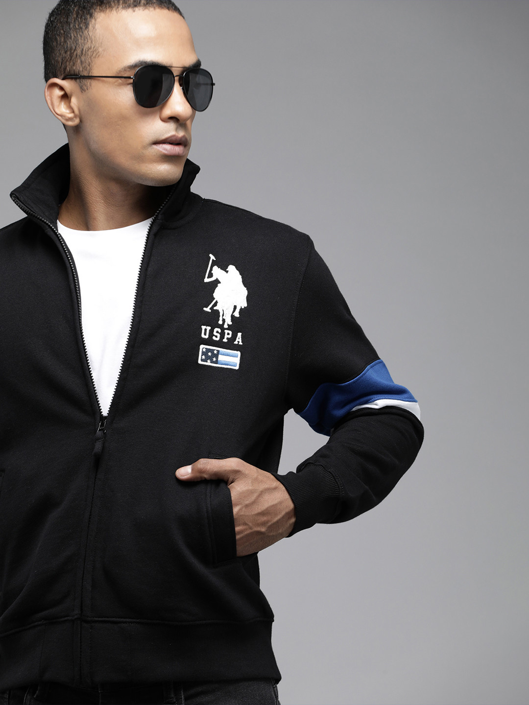 

U S Polo Assn Men Black Brand Logo Embroidered Pure Cotton Front-Open Sweatshirt