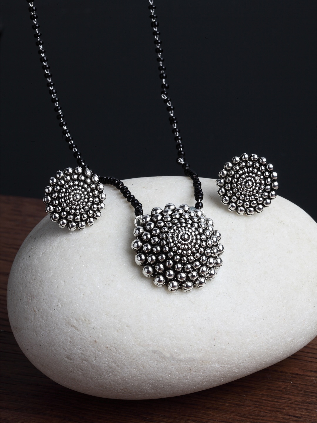 

PANASH Oxidised Silver-Plated Black Beaded Mangalsutra With Earrings