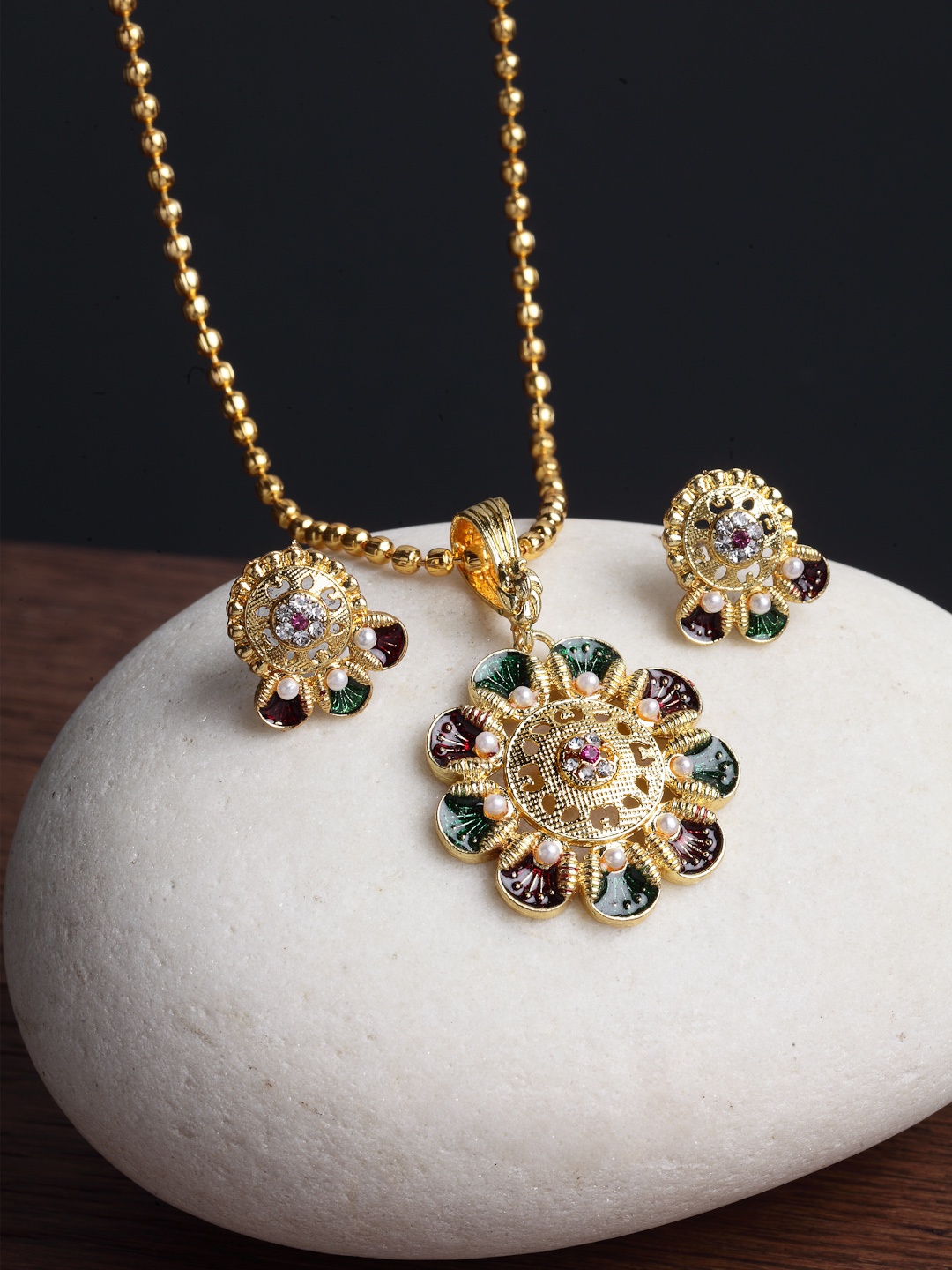 

PANASH Gold-Plated White CZ-Studded & Beaded Handcrafted Jewellery Set