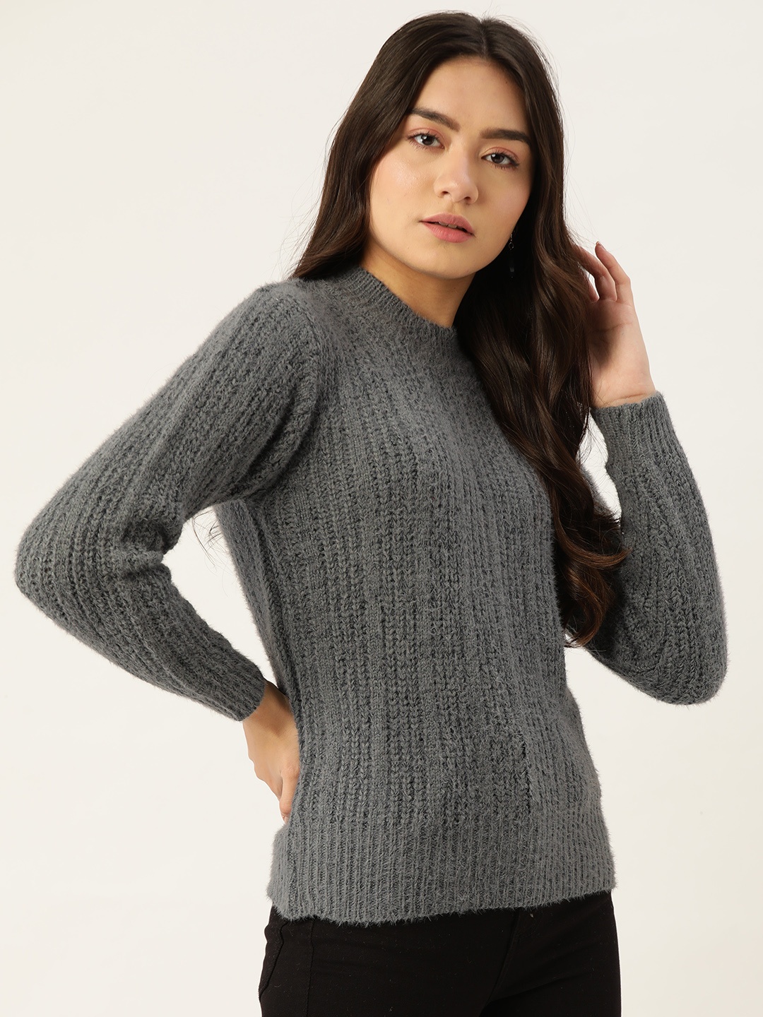 

BROOWL Women Charcoal Grey Self Design Pullover