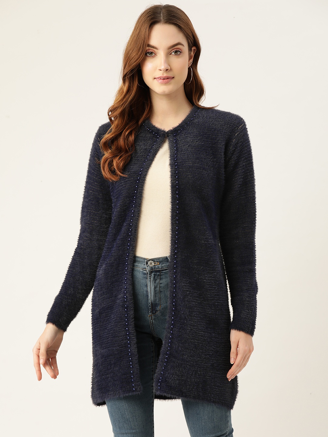

BROOWL Women Navy Blue Self Design Embellished Longline Winter Shrug